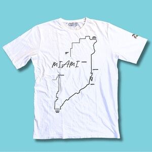 Muenkav Embossed Miami TShirt. White with black graphic. Men’s Small to Medium.